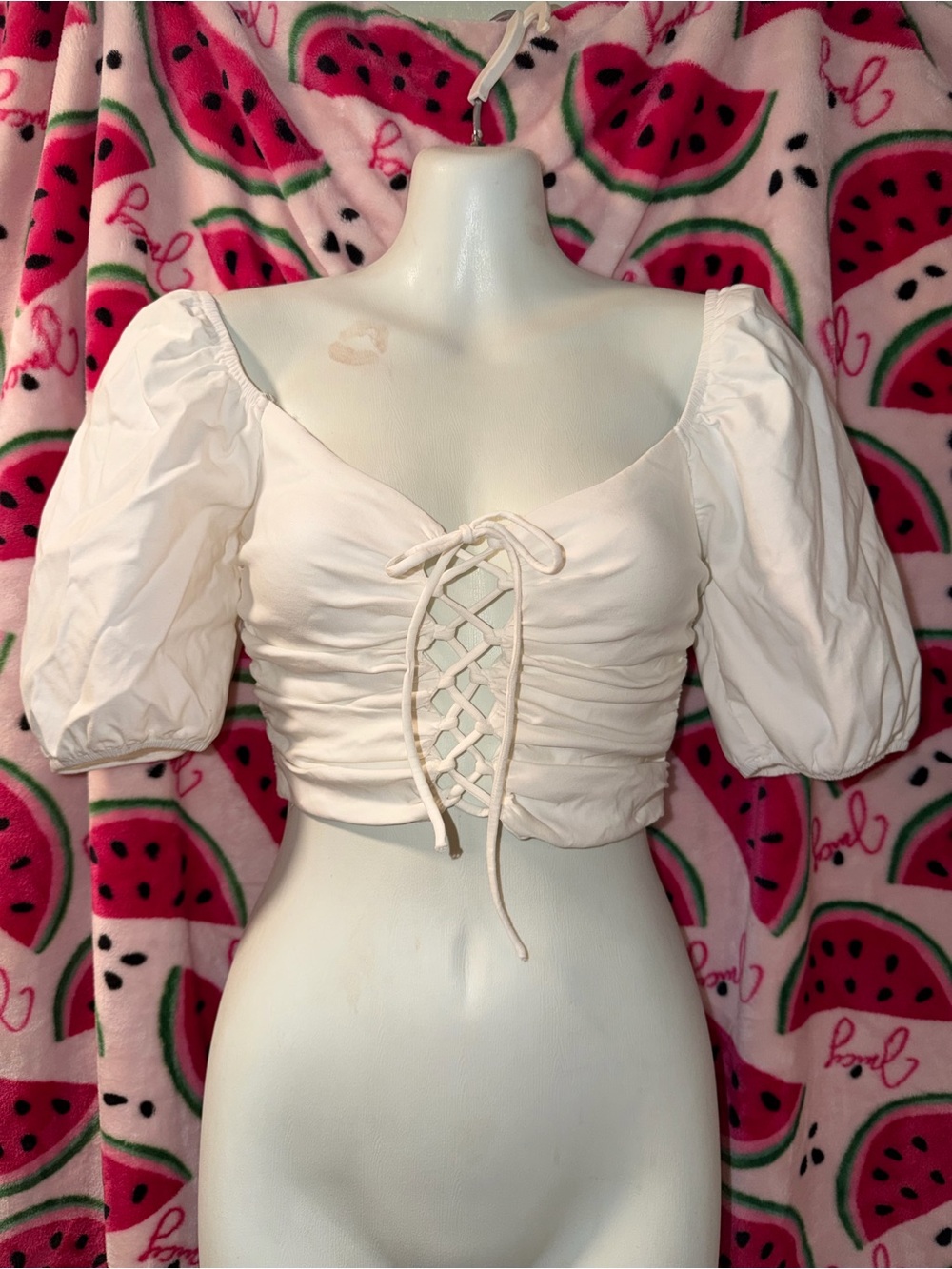 🤍 Lace-Up Puff Sleeve Crop Top